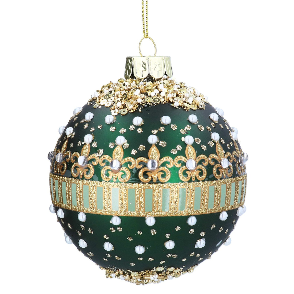 Green Glass Christmas Bauble with Beads and Pearls