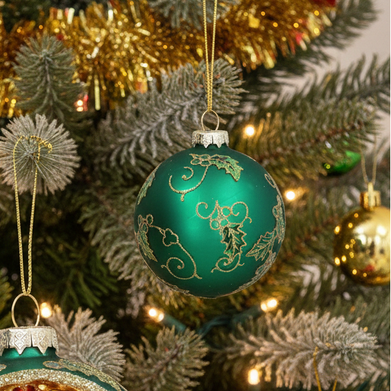 Green and Gold Ornate Glass Christmas Bauble