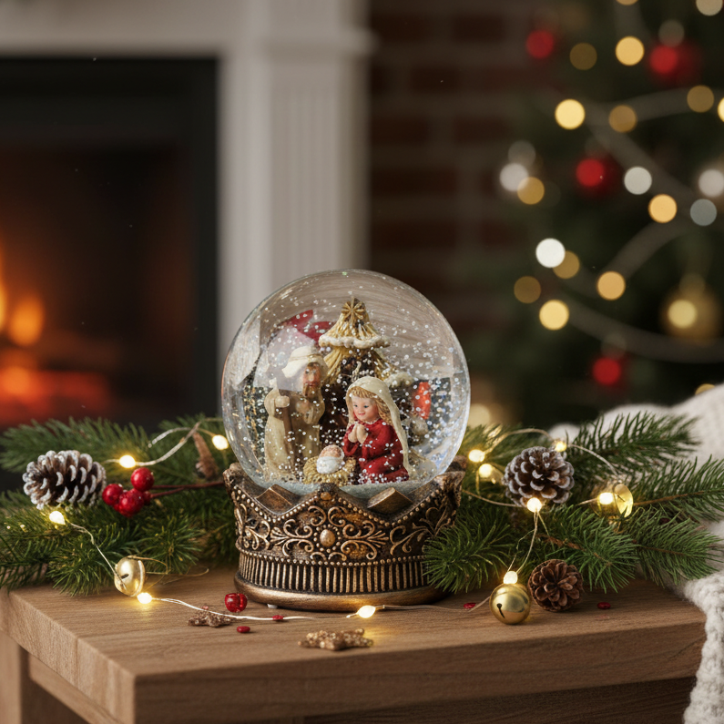 Crown Snow Globe with Christmas Nativity Scene