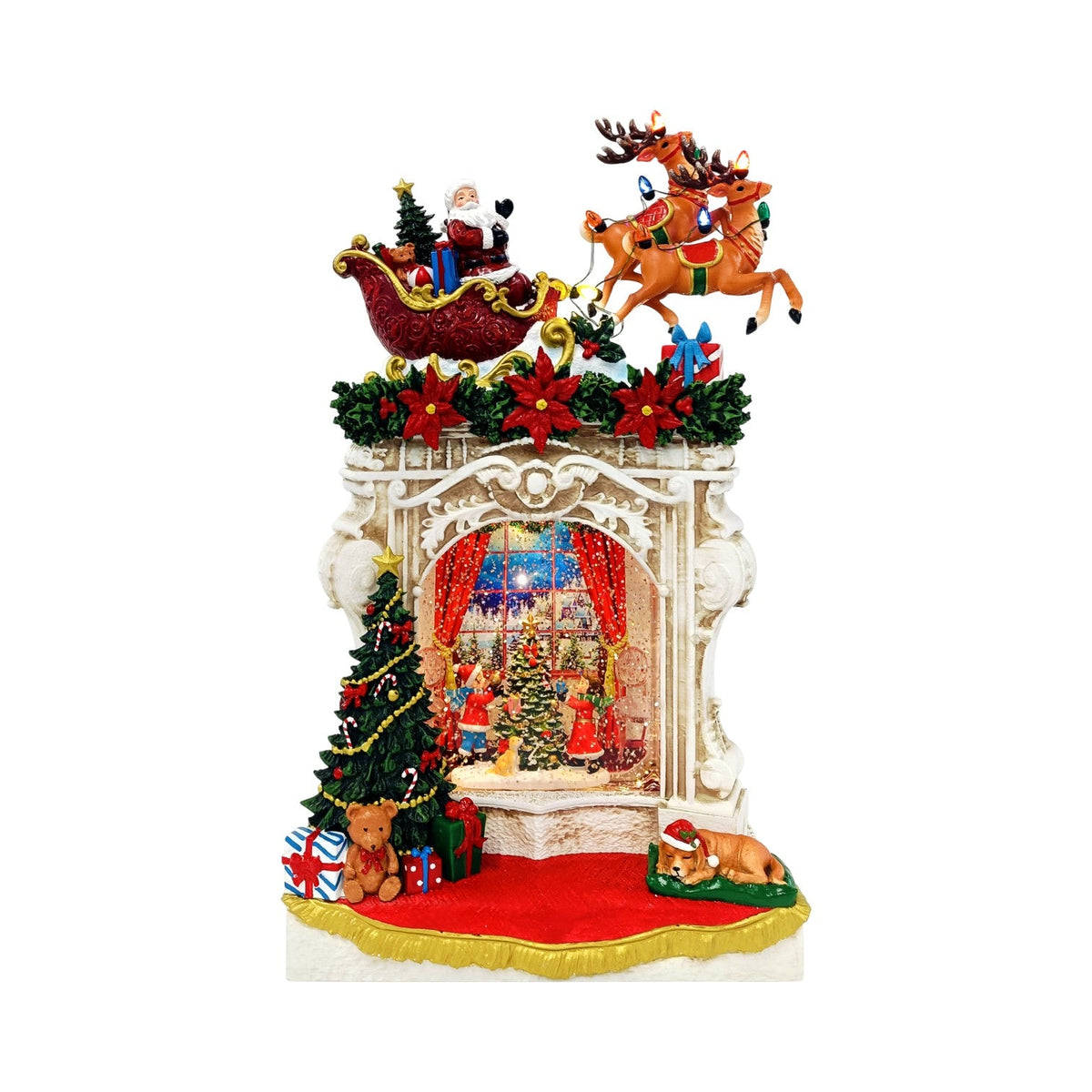 Santa and Reindeer Fireplace Scene Christmas Glitter Water Spinner