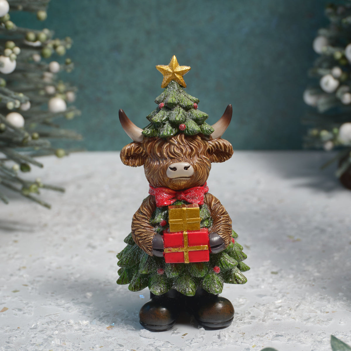 Resin Christmas Tree Highland Cow Ornament with Presents