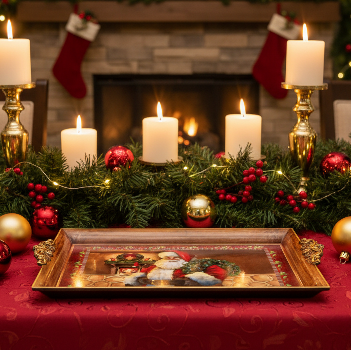 Christmas Tray with Santa and Wreath Design