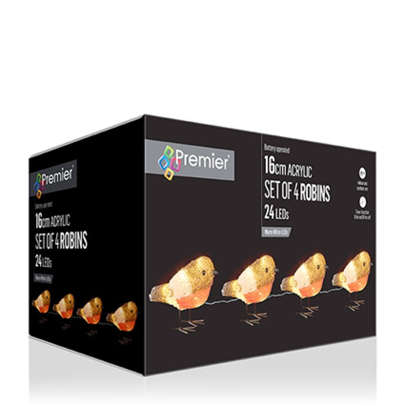 Set of 4 Battery Operated Lit Acrylic Robins