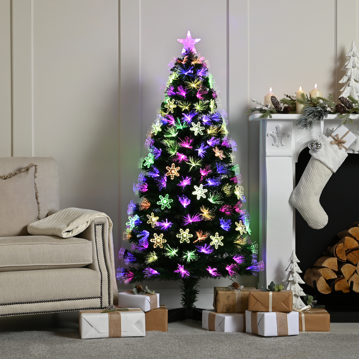 4ft Multi Coloured LED Snowflake Fibre Optic Christmas Tree