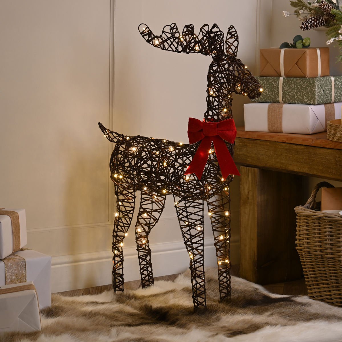 80cm Reindeer with Red Bow Silhouette Battery Powered Lit with 80 Warm White LEDs