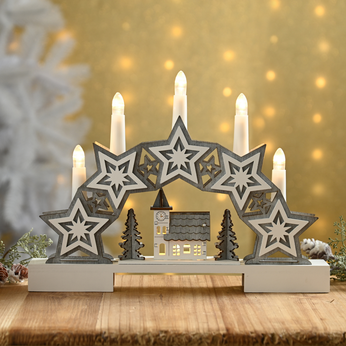 32cm Five Candles Star and Village Scene Candle Bridge Battery Powered