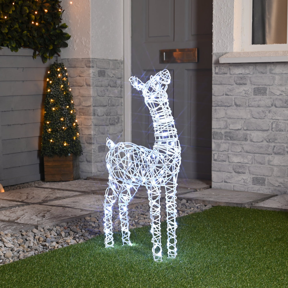 72cm White Faux Rattan Christmas Baby Reindeer Lit with 80 White LEDs