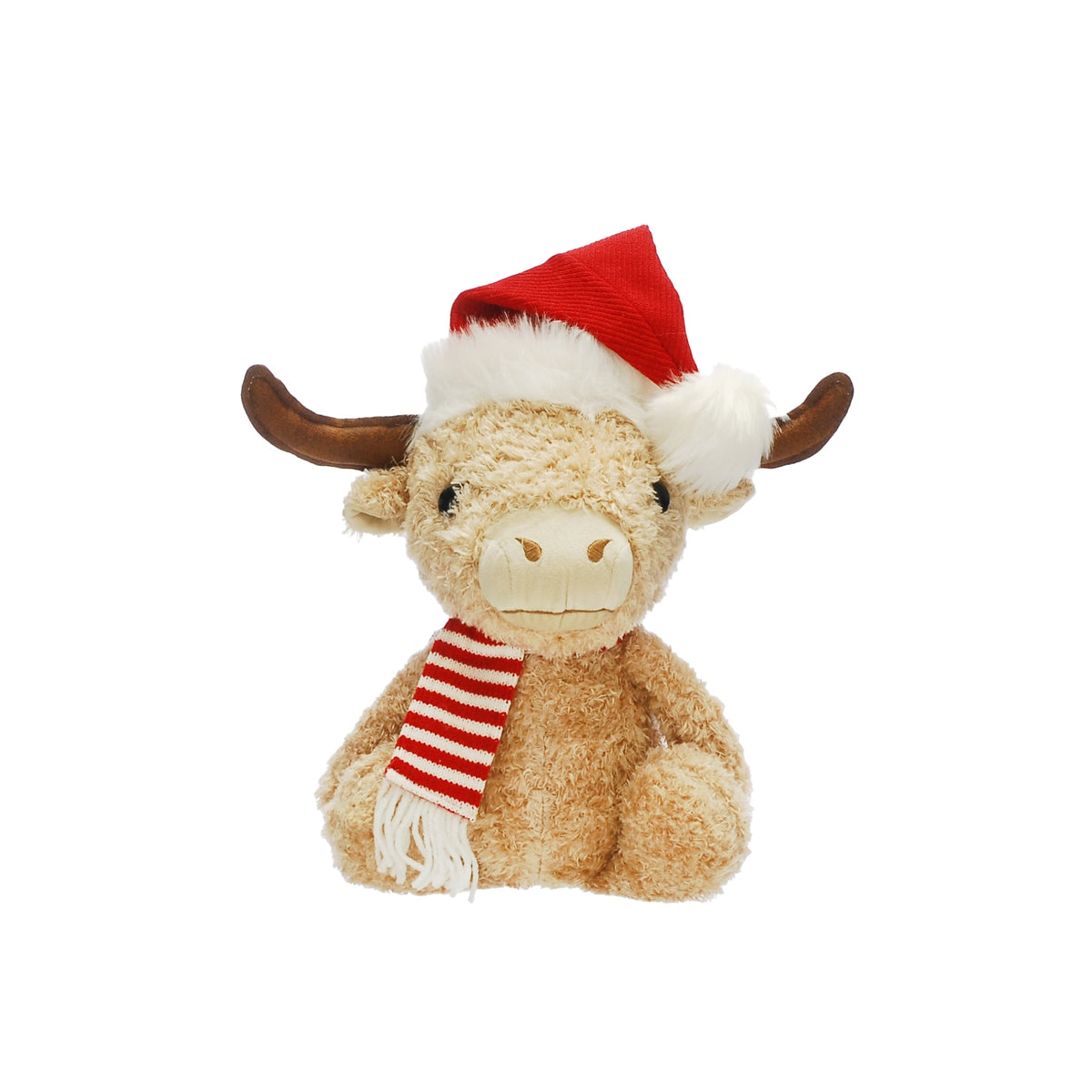35cm Plush Sitting Highland Cow in Santa Hat and Scarf