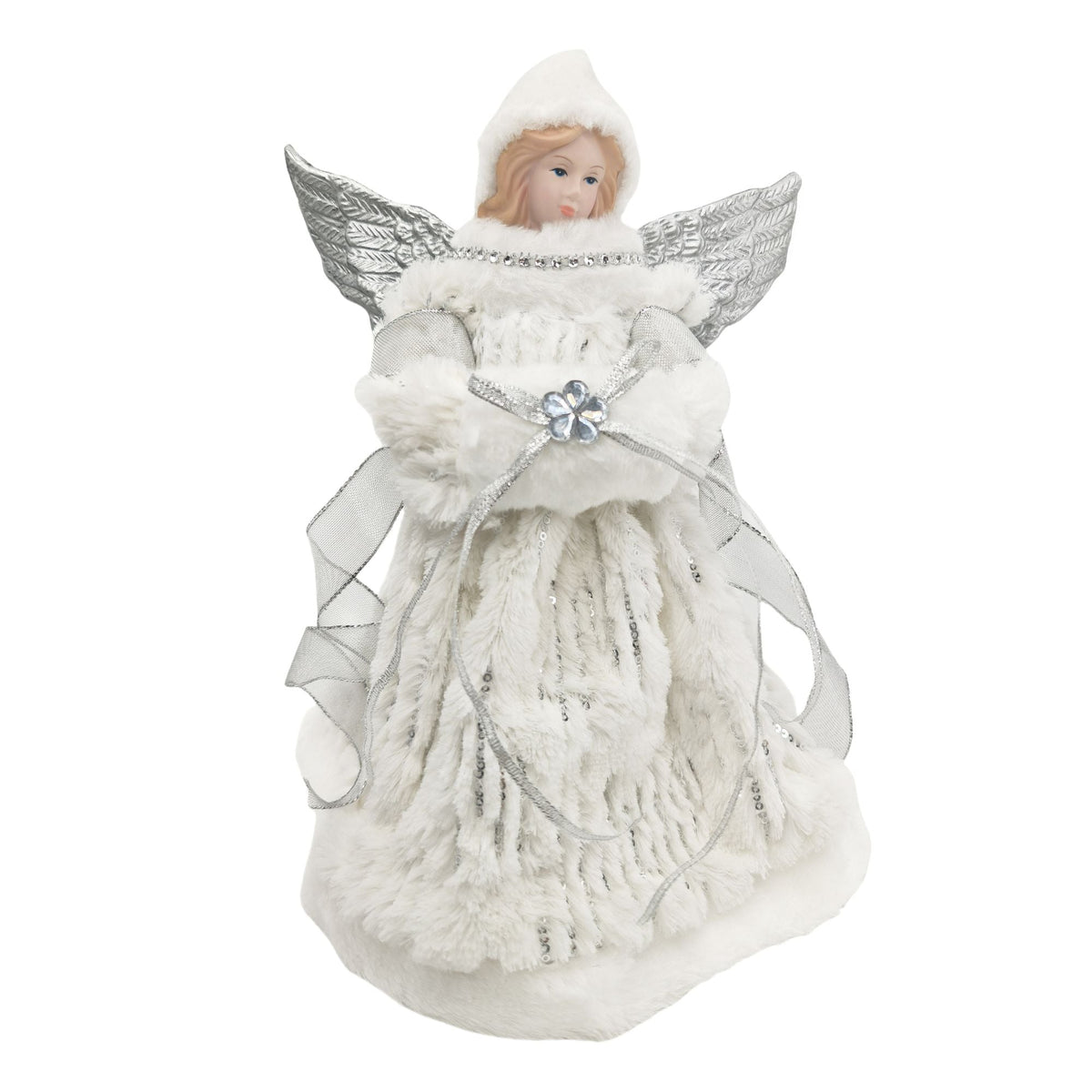 30cm White and Silver Fluffy Angel Christmas Tree Topper