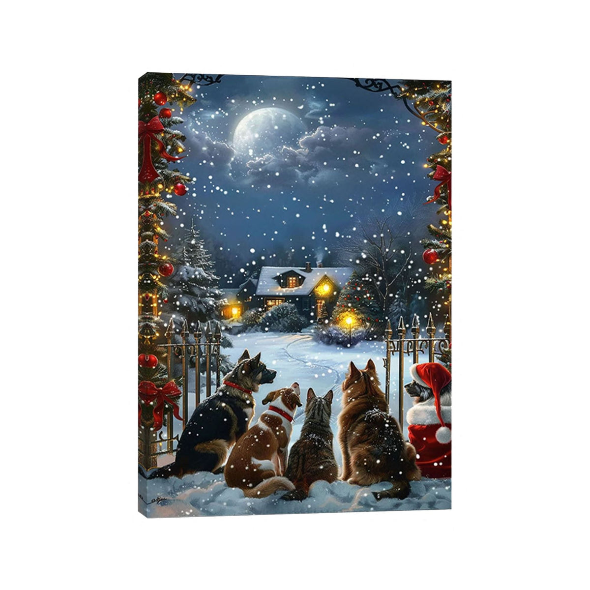 40cm Dog and Moon Christmas Design Fibre Optic Canvas Battery Operated