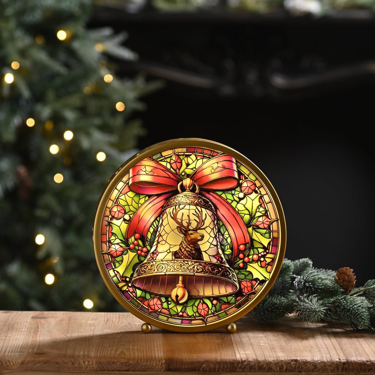 Round Stained Glass with Bell Table Top Christmas Decoration