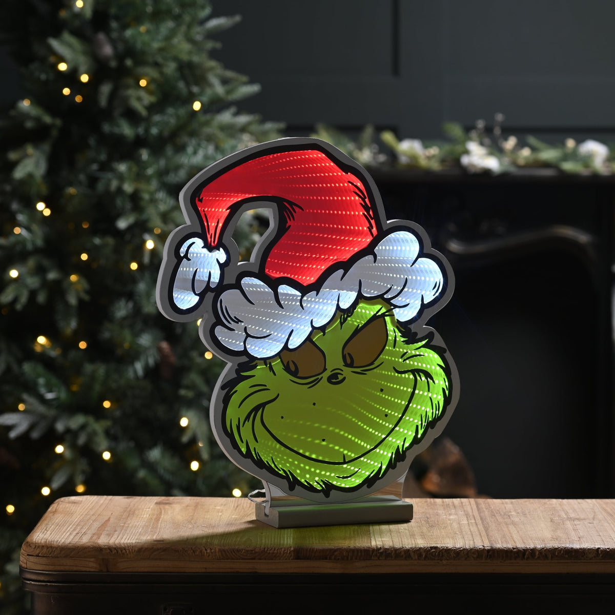 40cm Grinch Head Wearing Santa Hat Christmas Infinity Light