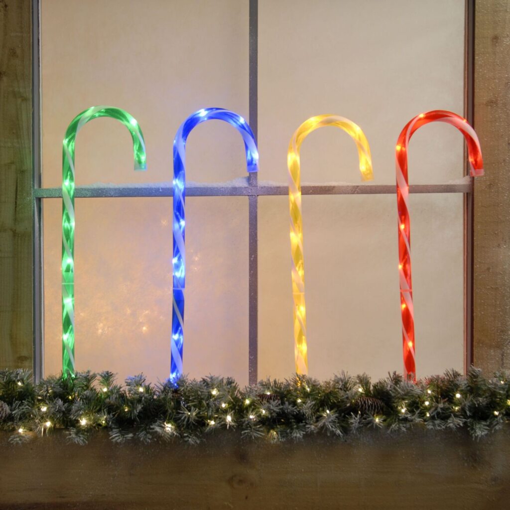 Set of 4 62cm Multi Coloured Candy Cane Stake Christmas Path Finder Lights