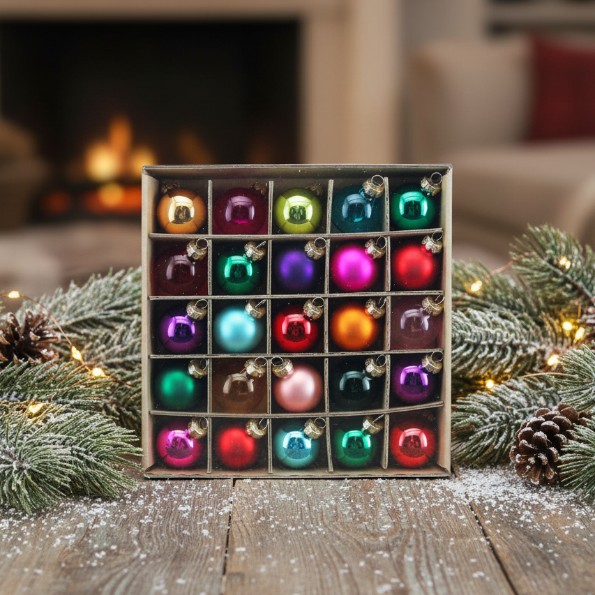 Set of 25 Multicolour Mini Glass Christmas Baubles