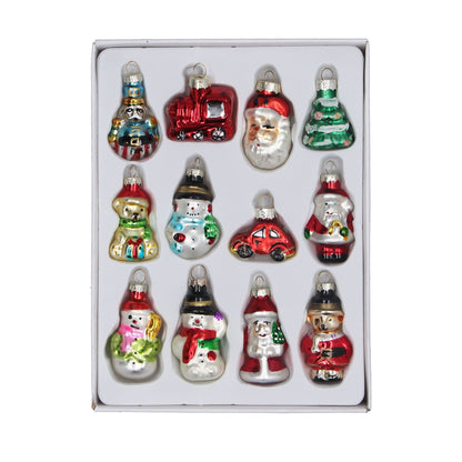Set of 12 Mini Painted Glass Christmas Hanging Decorations