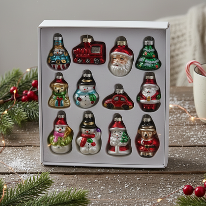 Set of 12 Mini Painted Glass Christmas Hanging Decorations