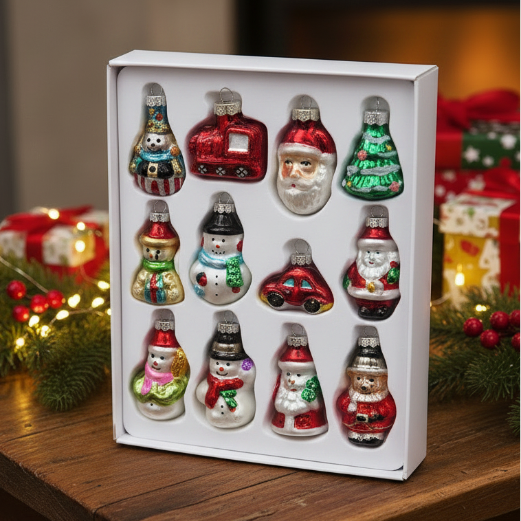 Set of 12 Mini Painted Glass Christmas Hanging Decorations