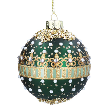 Green Glass Christmas Bauble with Beads and Pearls