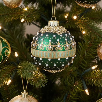 Green Glass Christmas Bauble with Beads and Pearls