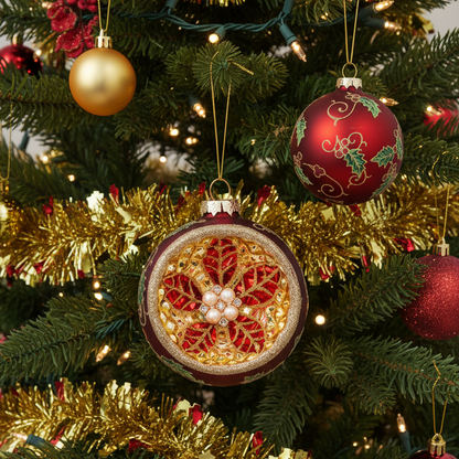 Red and Gold Ornate Vintage Style Glass Christmas Bauble