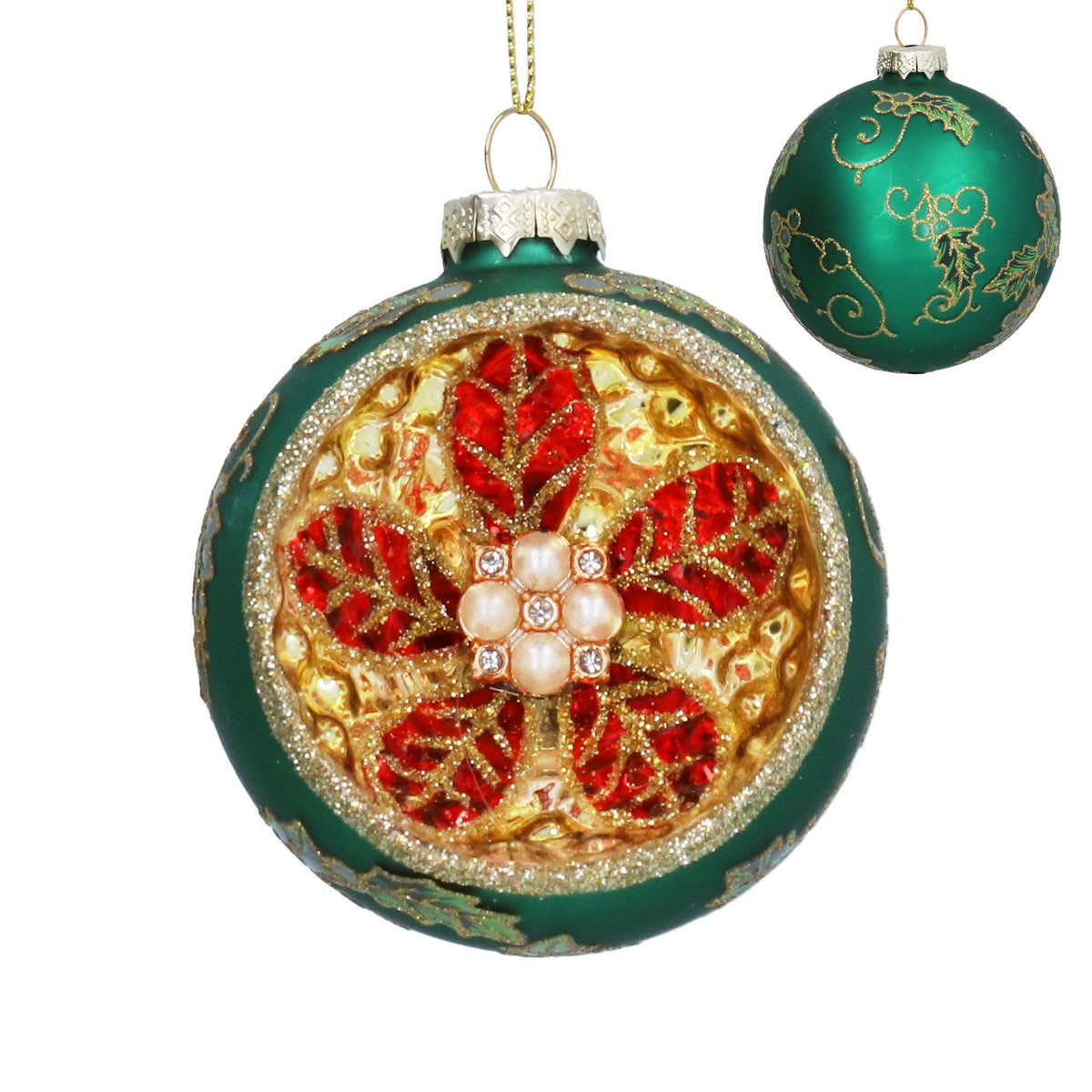 Green and Gold Ornate Glass Christmas Bauble