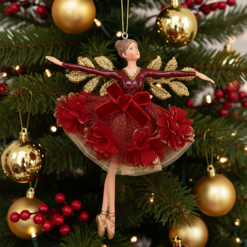 Burgundy Floral Christmas Fairy Hanging Decoration