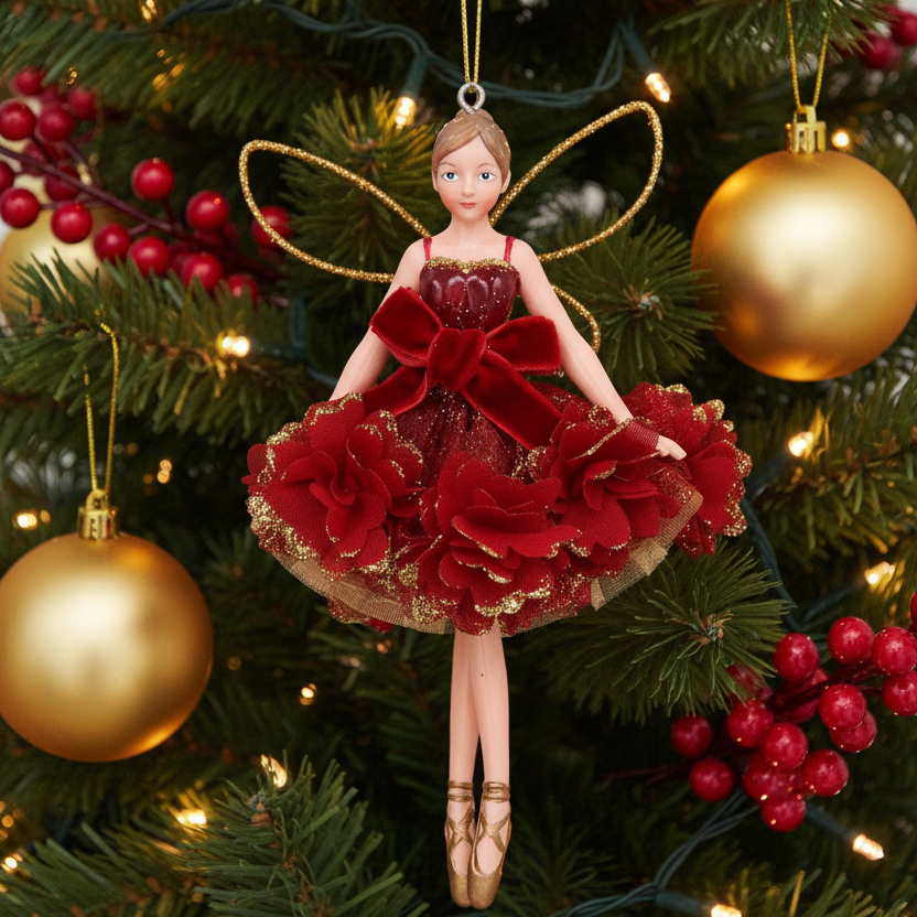 Burgundy Floral Christmas Fairy Hanging Decoration