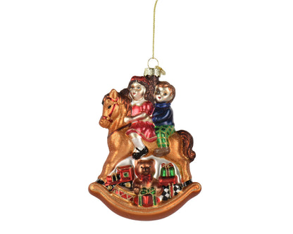 Children on Rocking Horse Glass Christmas Hanging Decoration