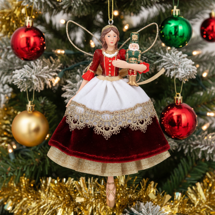 Red and Gold Christmas Fairy with Nutcracker Hanging Decoration