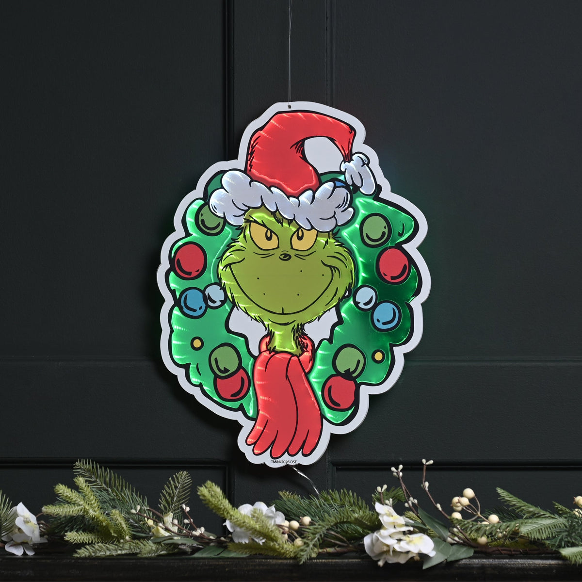 40cm Grinch Wearing Santa Hat Infinity Light & Christmas Wreath