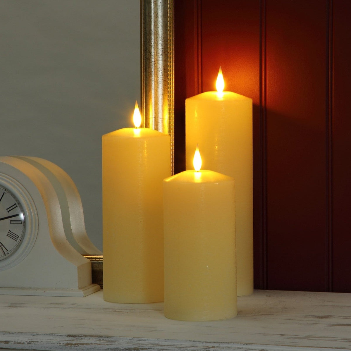 Set of 3 Large Ivory LED Wax Pillar Christmas Candles