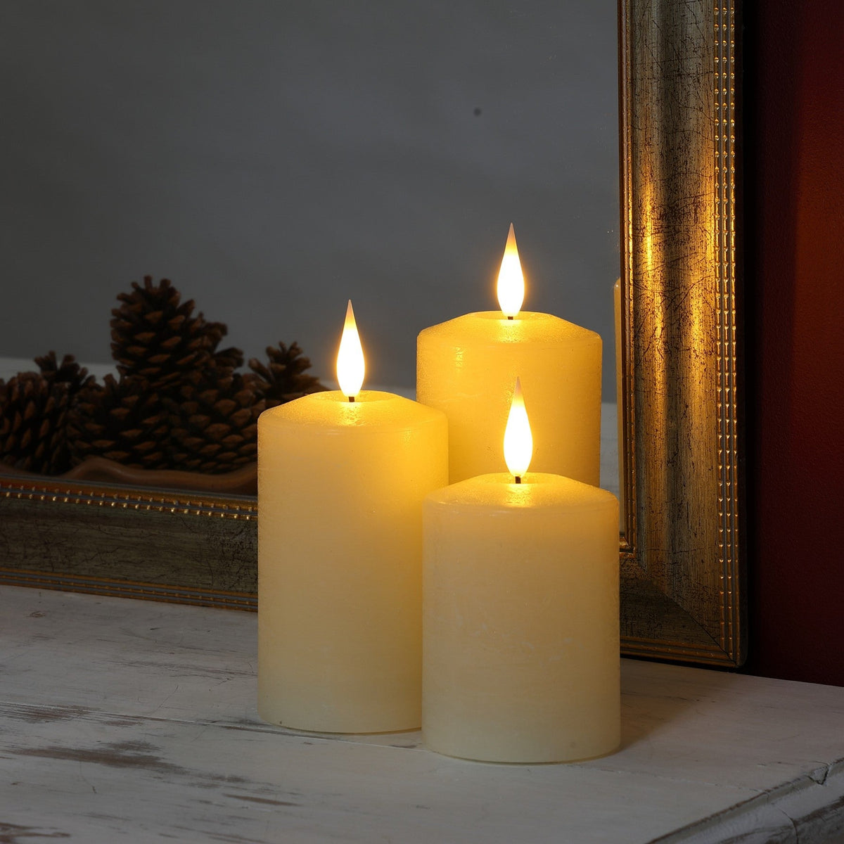 Set of 3 Medium Ivory LED Wax Christmas Pillar Candles
