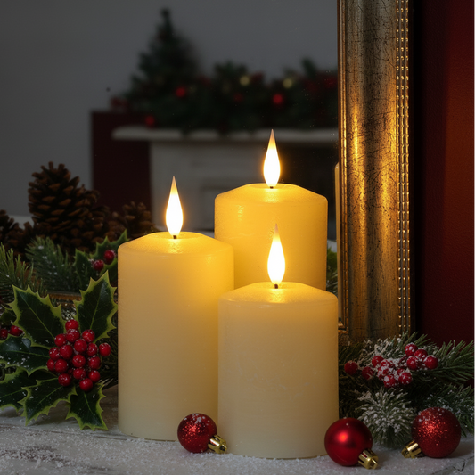 Set of 3 Medium Ivory LED Wax Christmas Pillar Candles