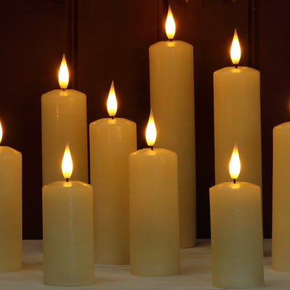 Set of 9 Slim Ivory LED Wax Pillar Christmas Candles