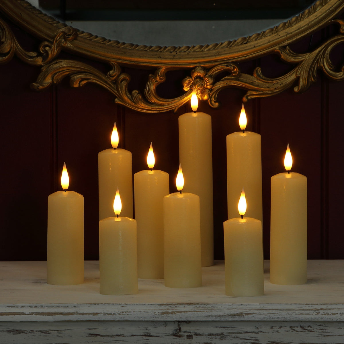 Set of 9 Slim Ivory LED Wax Pillar Christmas Candles