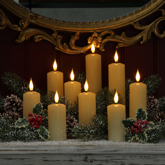 Set of 9 Slim Ivory LED Wax Pillar Christmas Candles