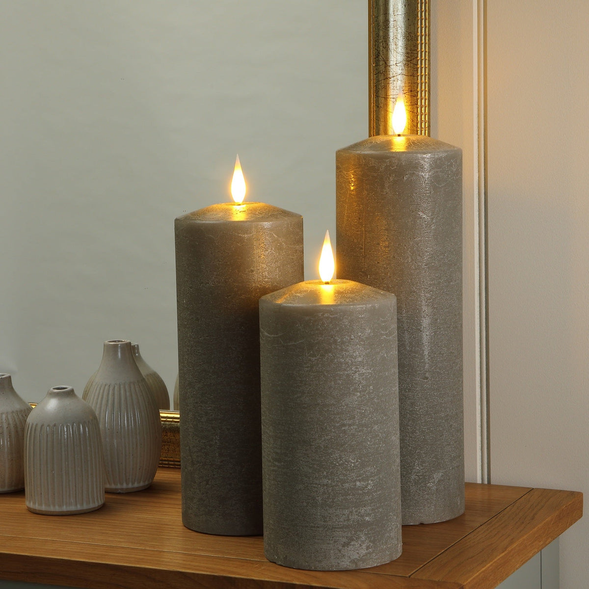 Set of 3 Large Pewter LED Wax Pillar Christmas Candles