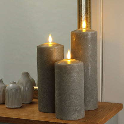 Set of 3 Large Pewter LED Wax Pillar Christmas Candles