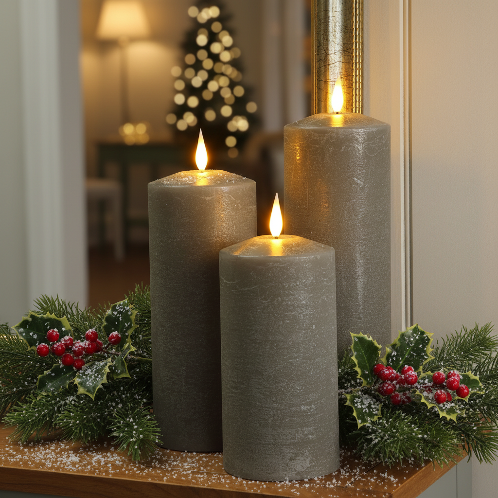 Set of 3 Large Pewter LED Wax Pillar Christmas Candles