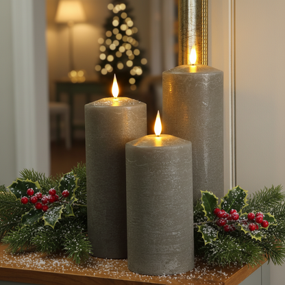 Set of 3 Large Pewter LED Wax Pillar Christmas Candles