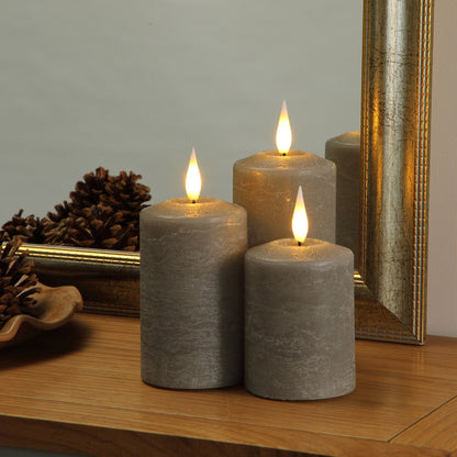 Set of 3 Medium Pewter LED Wax Christmas Pillar Candles