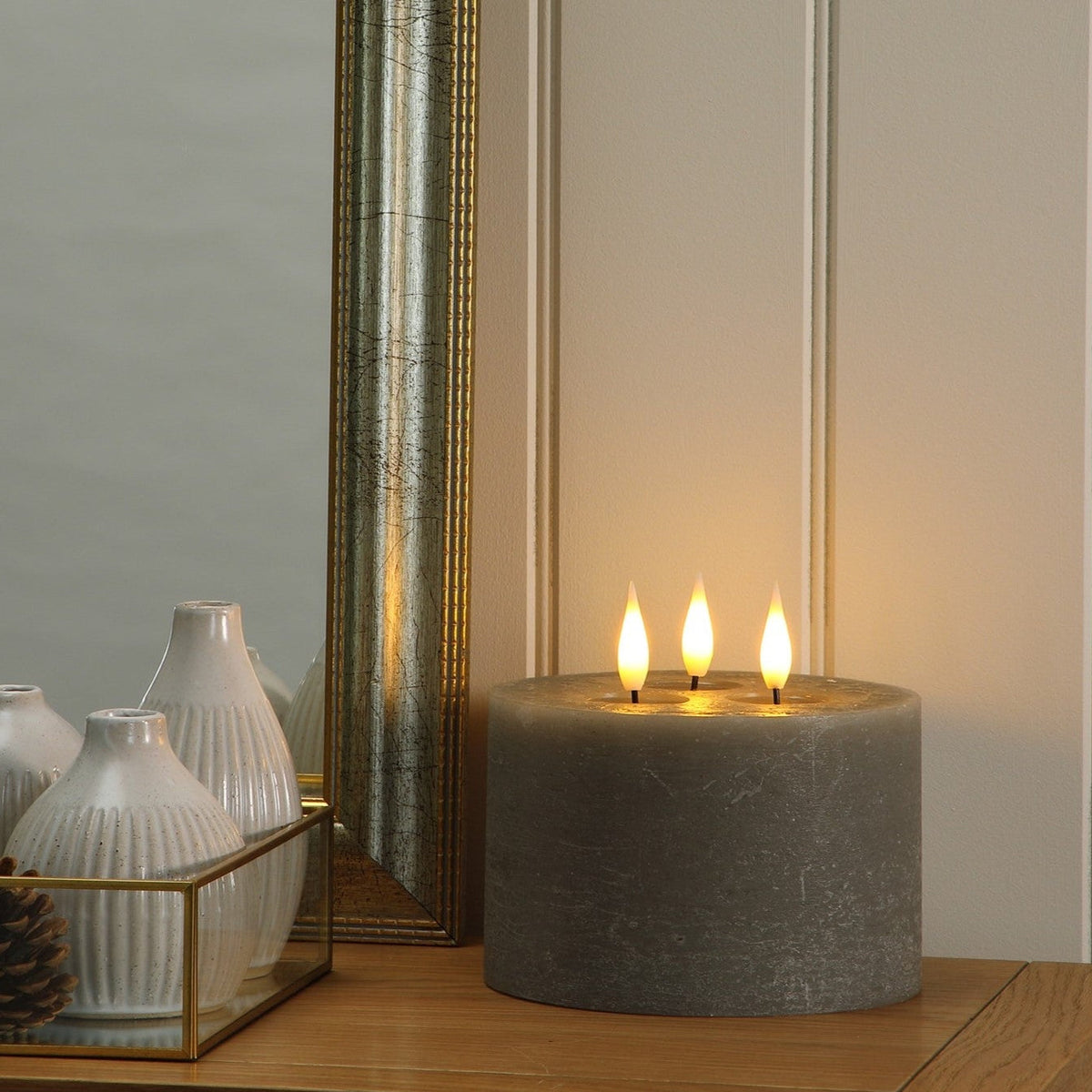 Small Pewter 3 Wick LED Wax Christmas Candle