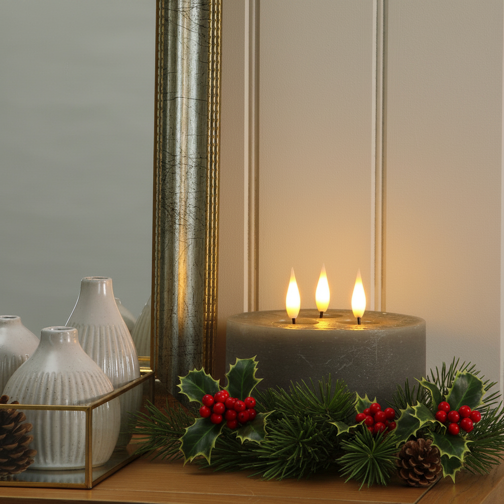 Small Pewter 3 Wick LED Wax Christmas Candle