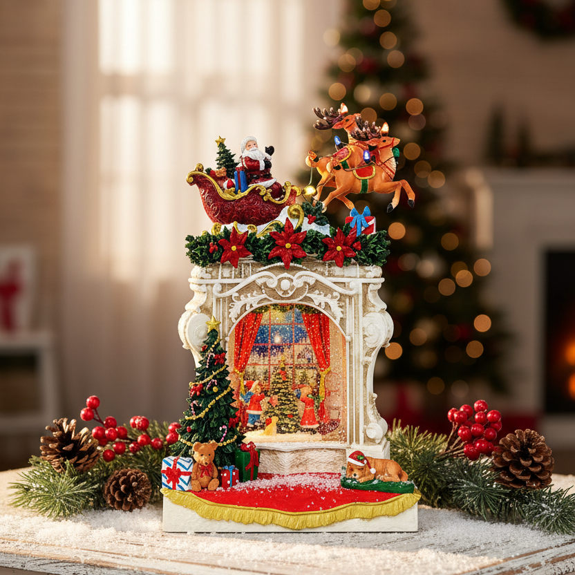 Santa and Reindeer Fireplace Scene Christmas Glitter Water Spinner