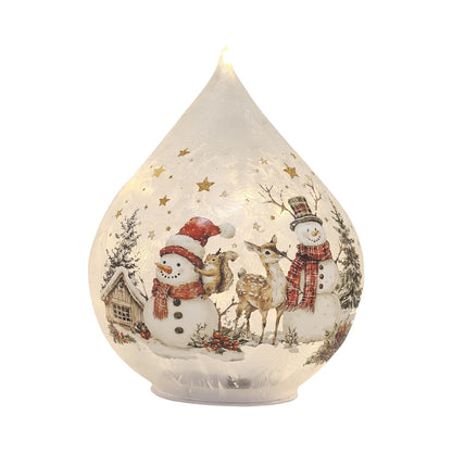 Glass LED Teardrop Ornament with Snowman Scene