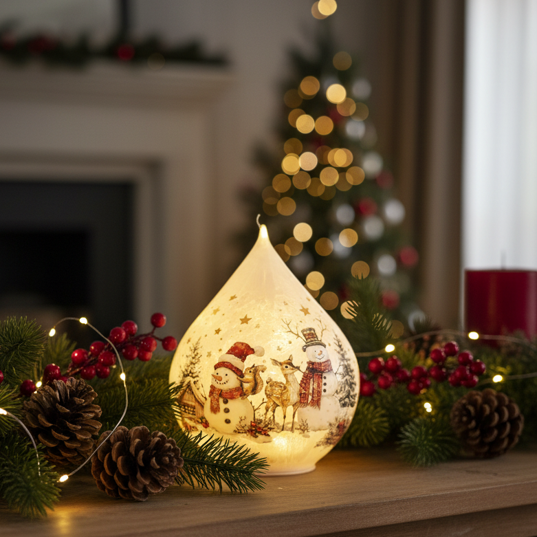 Glass LED Teardrop Ornament with Snowman Scene