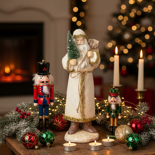 Vintage Style Paper Mache Cream and Gold Santa Ornament