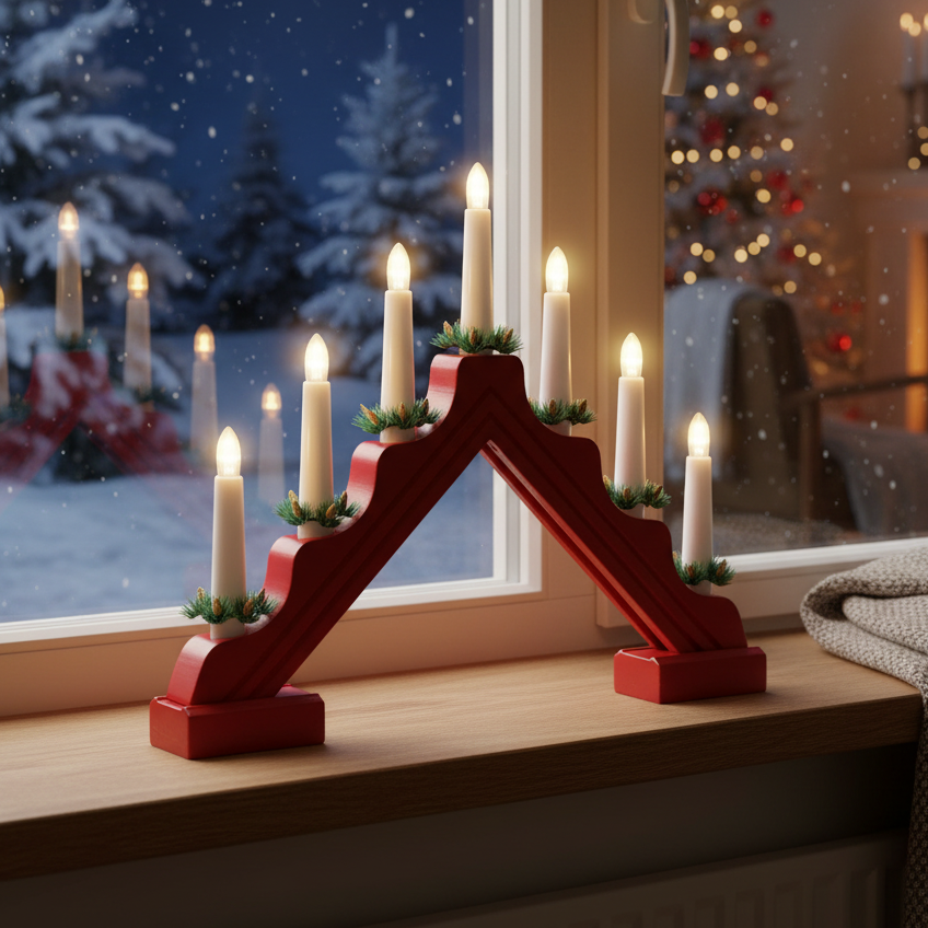 Red 7 Bulb Christmas Candle Bridge with Foliage