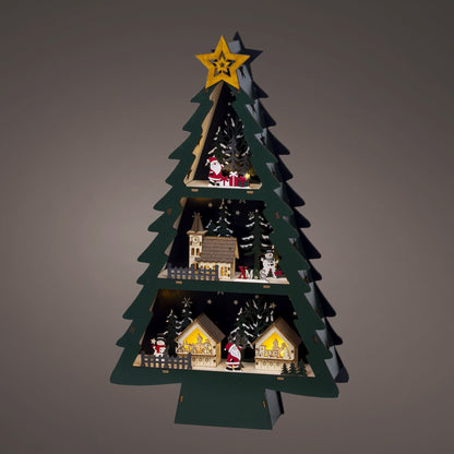 Wooden Christmas Tree Lit Village Scene 55cm