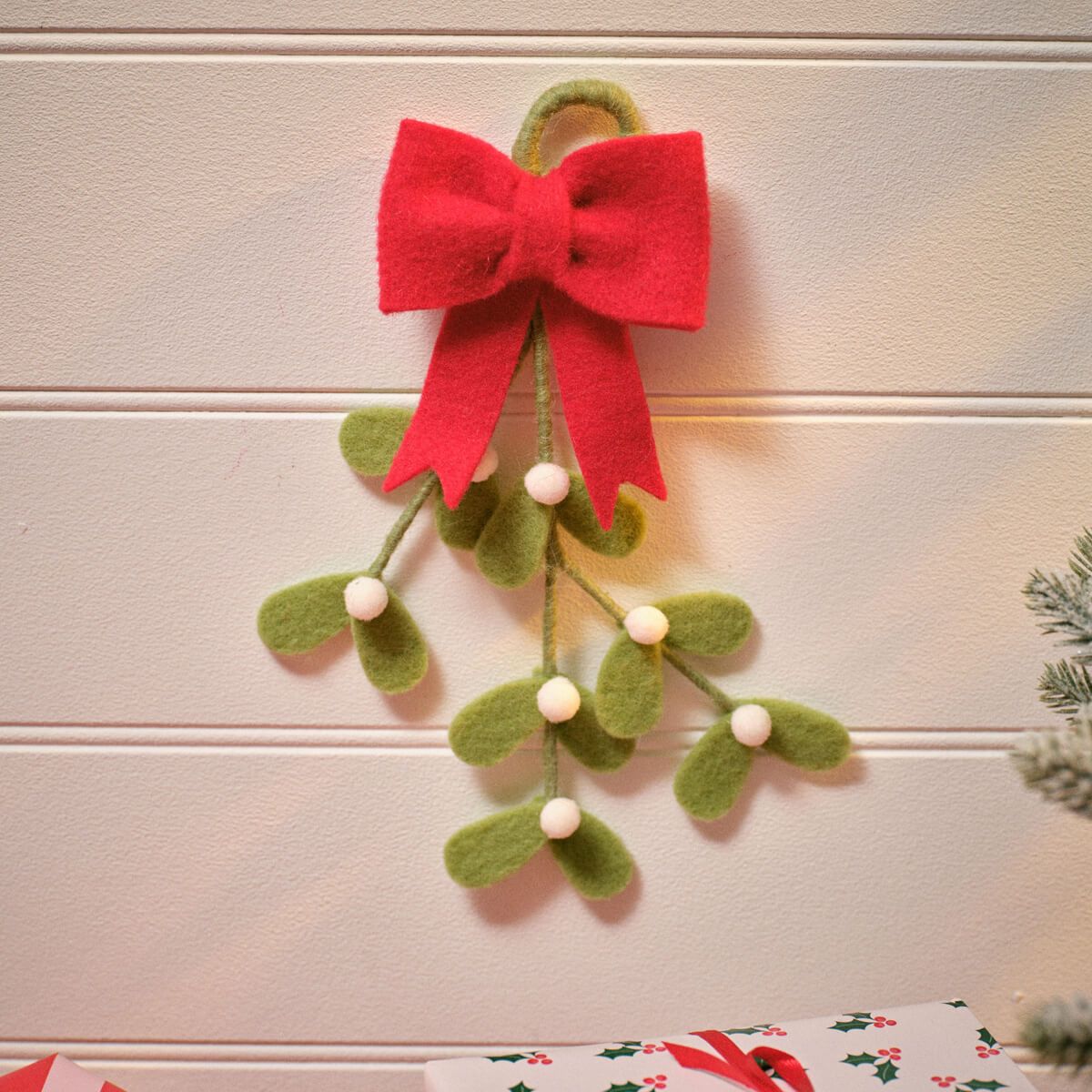 Felt Hand Made Mistletoe Christmas Hanger with Red Bow
